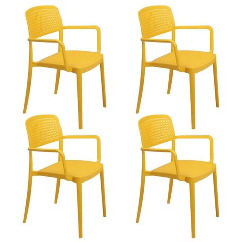 Jogo 4 Cadeiras Tramontina em Plástico Resistente Empilhável com Braços Amarelo Serena
