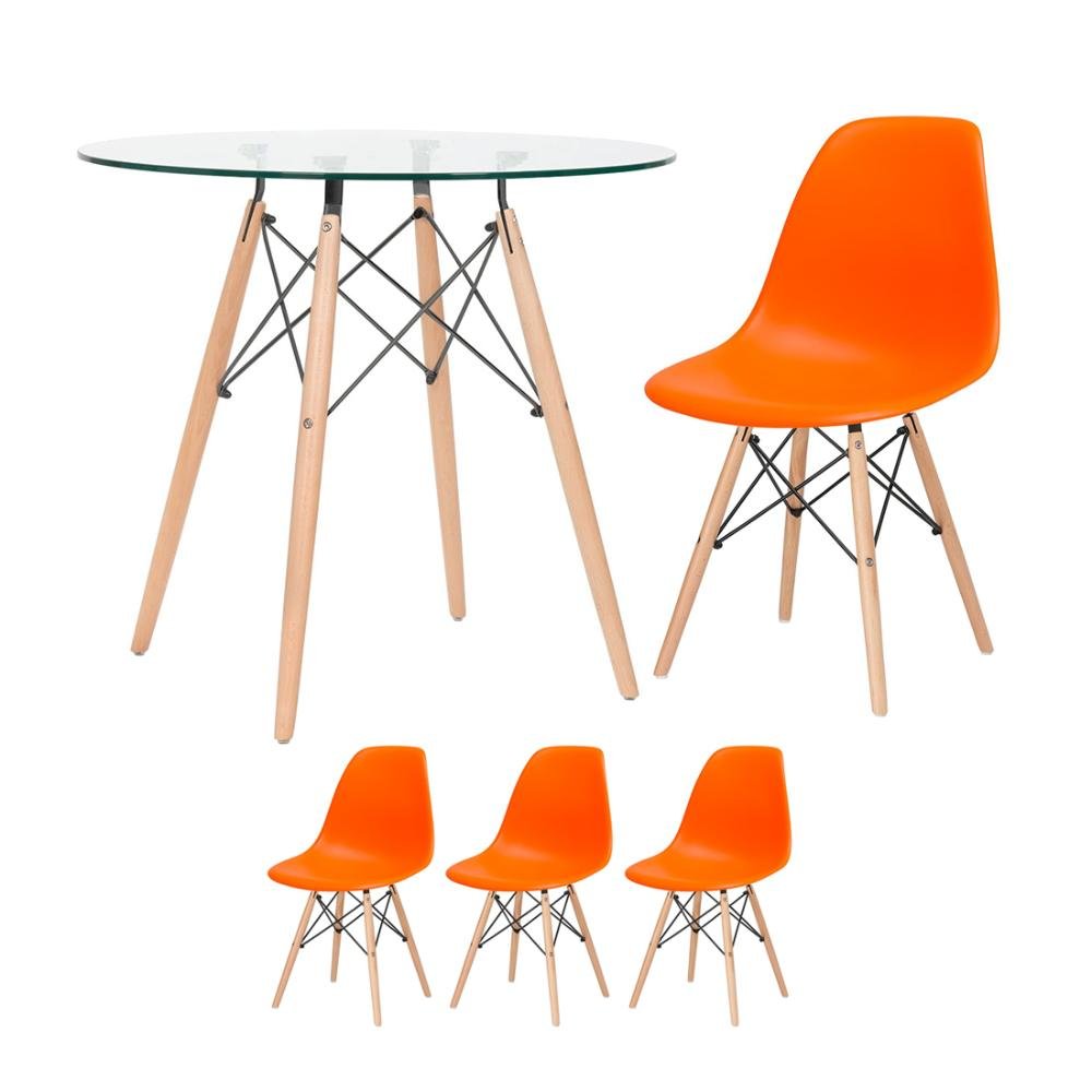 KIT - Mesa Eames com tampo de vidro 80 cm + 3 cadeiras Eiffel DSW Laranja - 1