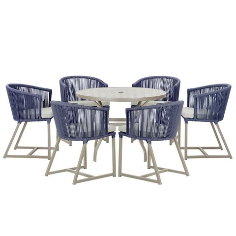 Mesa com 6 Cadeiras de Jantar Roma 120cm e Noronha em Alumínio Fendi Corda Náutica Estofado 3 Trama
