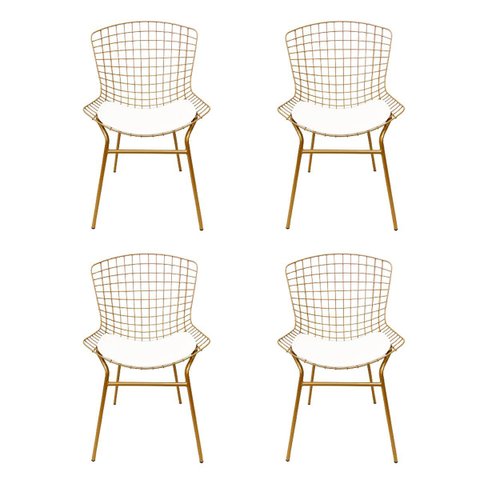 Kit 4 Cadeiras para Cozinha Bertoia Cor Dourado Fosco Assento Branco Tubular Poltronas do Sul