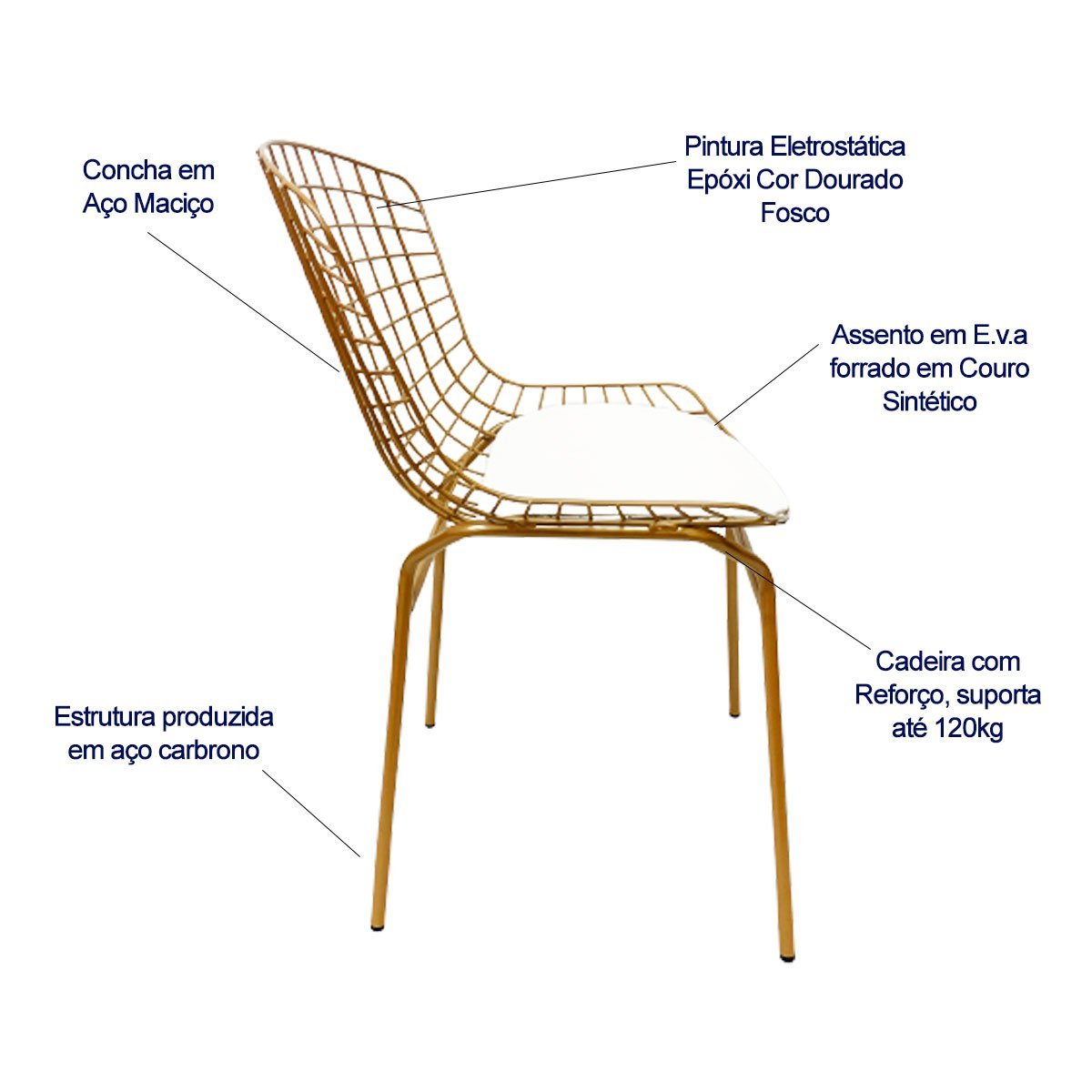 Kit 4 Cadeiras para Cozinha Bertoia cor Dourado Fosco assento branco tubular Poltronas do Sul - 2