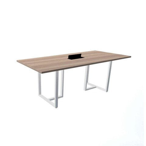 Mesa de Reunião com Caixa de Tomada 200 x 90 cm Pé Tubular PE25 em MDP Noce Naturalle Base Branca