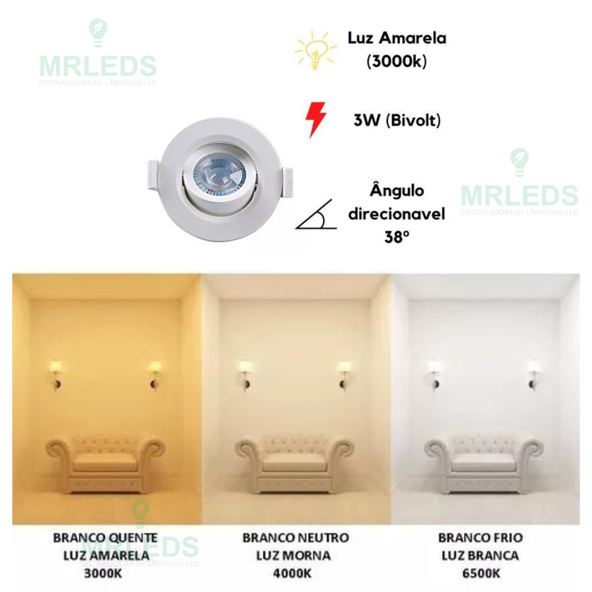 Spot Led 3w Dicróica Direcionável Redondo Ideal para Sanca Cor Branco 110v/220v 3000k - 4