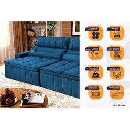 Sofá Retrátil Reclinável Supremo 3,00m Suede Velut Azul Marinho Molas no Assento - King House - 3
