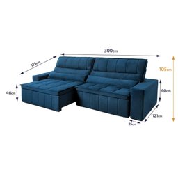 Sofá Retrátil Reclinável Supremo 3,00m Suede Velut Azul Marinho Molas no Assento - King House - 2