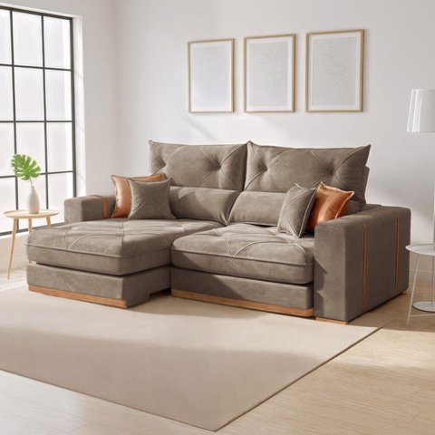 Sofá Retrátil e Reclinável 3 Lugares Veludo Molas Ensacadas Pillow Top Columbia 230cm Bege
