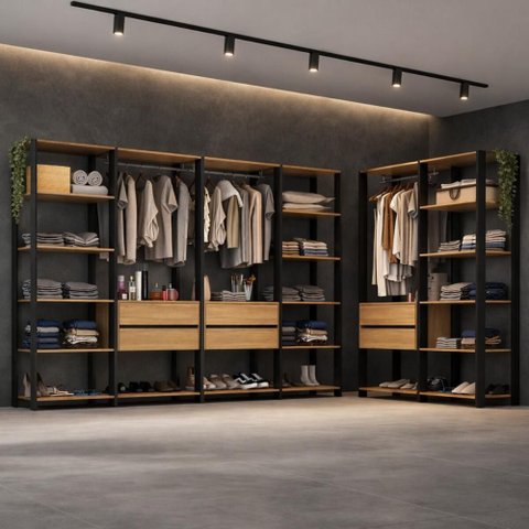 Guarda-roupa Closet Modulado Arizona 6 Gavetas 405cm Multimóveis Mp4785 Preto/madeirado