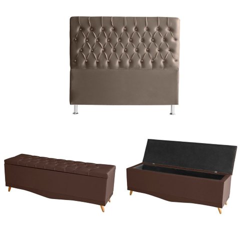 Kit Estrela Cabeceira De Cama Box e Calçadeira Baú Pés Palito Botão Cristal Casal 140 Cm Suede Rosê 