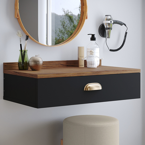 Penteadeira Gloss para Maquiagem Camarim com 1 Gaveta Puxador Concha Suspensa - Preto/ Freijó