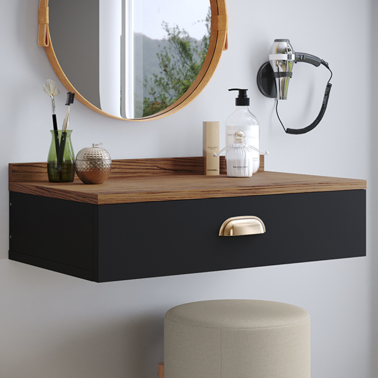 Penteadeira Gloss para Maquiagem Camarim com 1 Gaveta Puxador Concha Suspensa - Preto/ Freijó Penteadeira Gloss para Maquiagem Camarim com 1 Gaveta Puxador Concha Suspensa - Preto/ Freijó