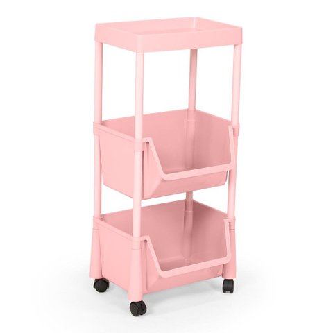 Carrinho Multiuso Prático 3 Prateleiras em Plástico com Rodízio - Rosa