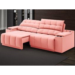Sofá com Porta Copos Carregador USB Ret Rec Samurai 2,50m Velosuede Rose - NETSOFAS - 1