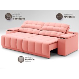Sofá com Porta Copos Carregador USB Ret Rec Samurai 2,50m Velosuede Rose - NETSOFAS - 5