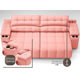 Sofá com Porta Copos Carregador USB Ret Rec Samurai 2,50m Velosuede Rose - NETSOFAS - 2