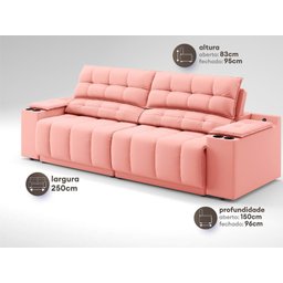 Sofá com Porta Copos Carregador USB Ret Rec Samurai 2,50m Velosuede Rose - NETSOFAS - 3