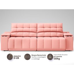 Sofá com Porta Copos Carregador USB Ret Rec Samurai 2,50m Velosuede Rose - NETSOFAS - 4