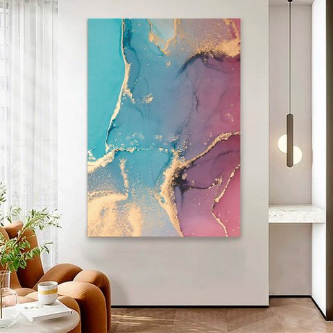 Quadro Decorativo em Canvas Abstrato Mármore Luxe Perolado TaColado Moldura Flutuante 4,5cm Freijó 1