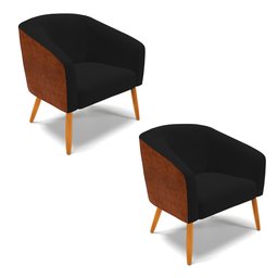 Kit 02 Poltronas Stella Corano Nozes com Linho Preto A79 Pés Palito Castanho - D'Rossi - 1