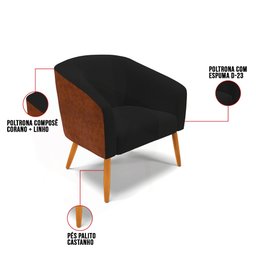 Kit 02 Poltronas Stella Corano Nozes com Linho Preto A79 Pés Palito Castanho - D'Rossi - 7