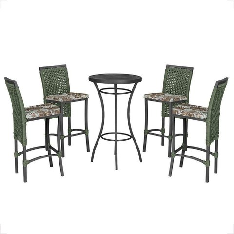 Mesa Bistrô e 4 Banquetas Roma Preta Corda Estofado 6 Trama Verde