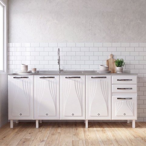 Balcão de Cozinha para Pia em Aço 5 Portas 2 Gavetas sem Tampo 200cm Star New Branco
