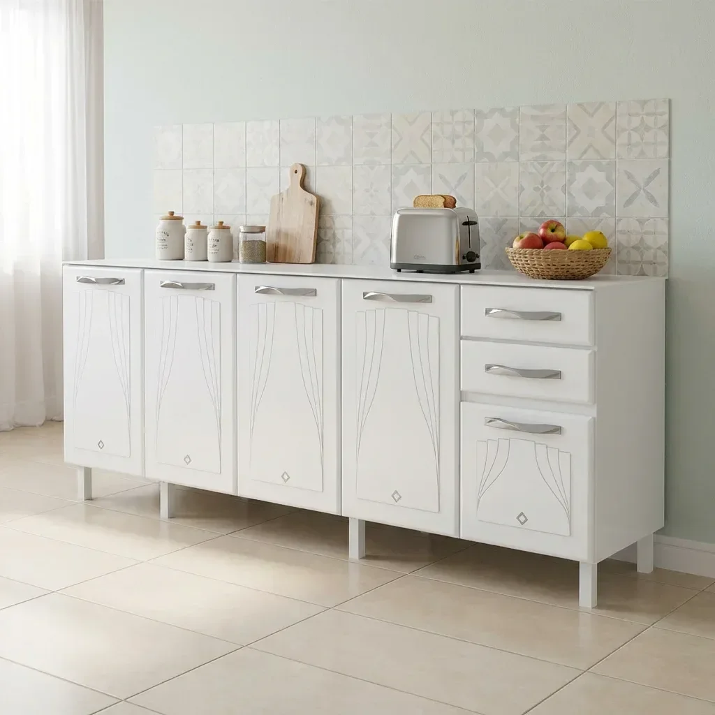 Balcão de Cozinha para Pia em Aço 5 Portas 2 Gavetas sem Tampo 200cm Star New Branco