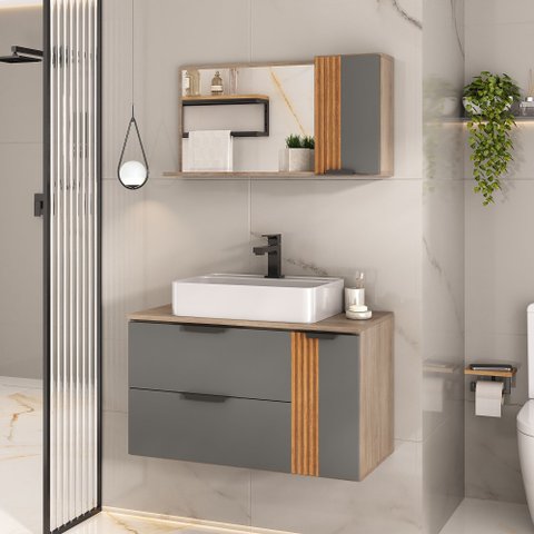 Gabinete Banheiro Ripado Dolphin 80cm (gabinete+cuba+espelheira+tampo Vidro) Madeirado / Cinza