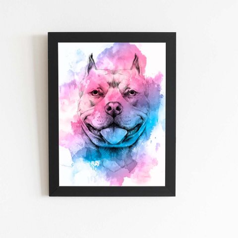 Quadro Cachorro Pitbull Aquarela Tinta Moldura 30x40cm
