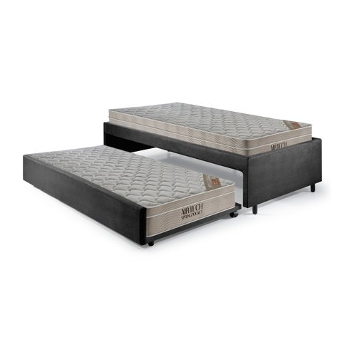 Bicama Box Solteiro Suede Preto 88x188 com Dois Colchões Airtech Molas Ensacadas Ortobom