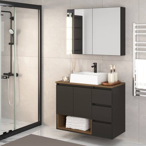 Gabinete de Banheiro 80cm Vitória com Espelheira e Cuba