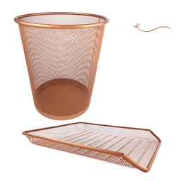 Kit Escritório Lixeira Aramada Bandeja Organizadora de Papel Rose Gold - 2