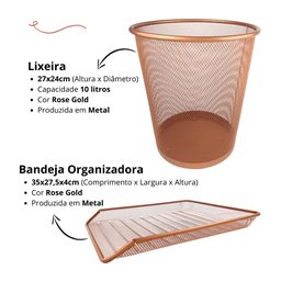 Kit Escritório Lixeira Aramada Bandeja Organizadora de Papel Rose Gold - 5