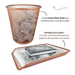 Kit Escritório Lixeira Aramada Bandeja Organizadora de Papel Rose Gold - 3