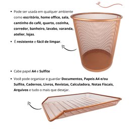 Kit Escritório Lixeira Aramada Bandeja Organizadora de Papel Rose Gold - 4
