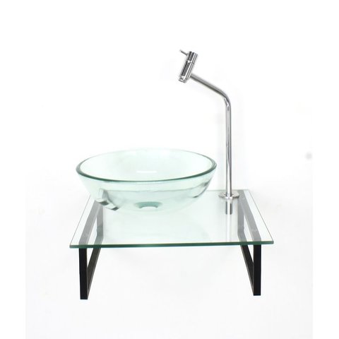 Gabinete de Vidro com Cuba Redonda Tampo 40cm Incolor Mais Torneira Metal