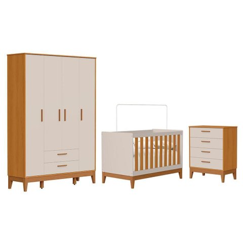 Dormitório Infantil Flip Guarda Roupa 4 Portas, Cômoda 4 Gavetas e Berço Areia Fosco/savana -