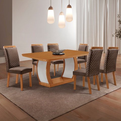 Mesa de Jantar Milena 180cm Tampo MDF Canto Copo Laminado e 6 Cadeiras Lorena