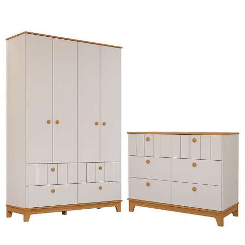 Jogo de Quarto Infantil Biscoito Guarda Roupa e Cômoda 6 Gavetas Off White/nature - Permóbili Baby