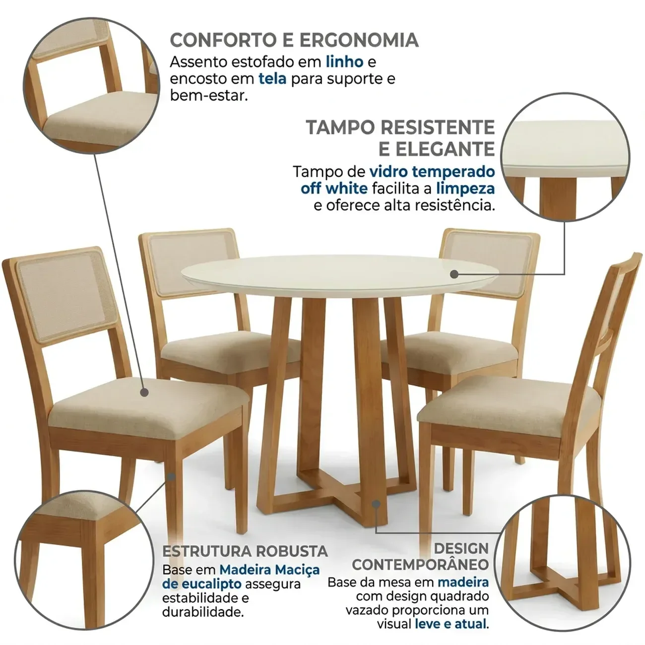 Ver imagem 4 de Conjunto Mesa com 4 Cadeiras para Sala de Jantar em Madeira Maciça e Tampo com Vidro Elma Off White/Bege