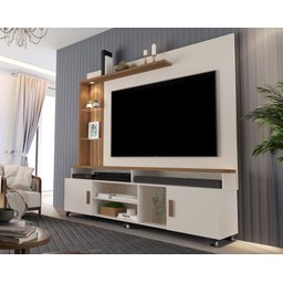 Estante Home Ocean Para Tv Até 65 Polegadas -2 Portas e Nicho com Leds -Rodizio:Off-White/Canela - 1