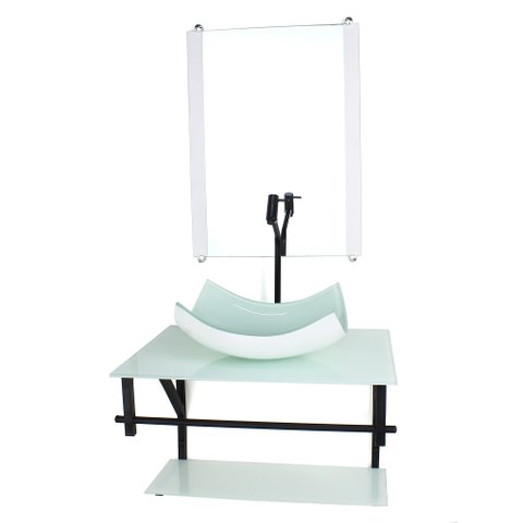 GABINETE DE VIDRO PARA BANHEIRO 60CM AP CUBA RETANGULAR CURVADA BRANCO FULL COM TORNEIRA PRETA