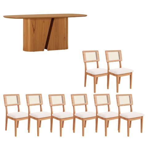 Conjunto Sala de Jantar Mesa 2 m X 1 m Tampo Barril e 8 Cadeiras Tela Palha e Assento Estofado 100%
