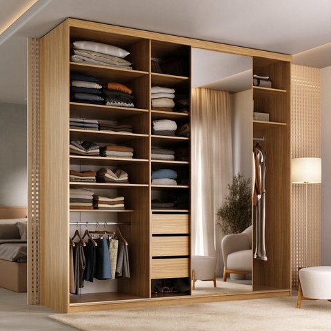 Guarda-Roupas Casal 100% MDF 208,5cm com 1 Porta Espelho 3 Gavetas Closet Sion Marrom/Nogueira