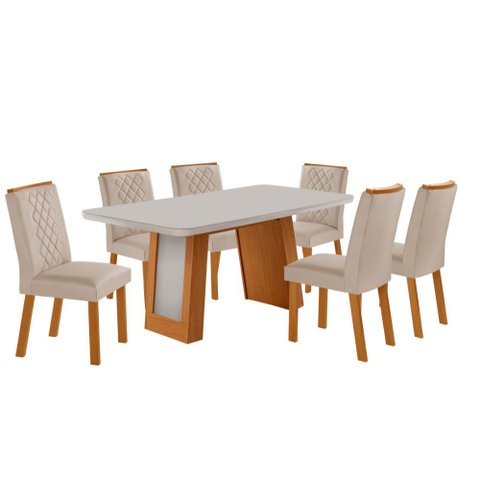 Mesa de Jantar Carolina 180cm Tp MDF Vidro Canto Copo Base Detalhe Off White com 6 Cadeiras Milena