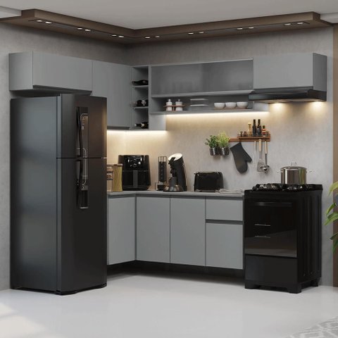 Armário de Cozinha Completa de Canto Suspenso 405cm Cinza Nice Madesa 03
