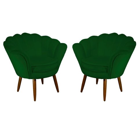 Kit 2 Poltronas Decorativa Pétala Suede Verde Pés Madeira Mz Decor