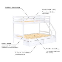 Beliche com Cama Casal Eco com 02 Gavetas Madeira Maciça Branco Mobilistore - 4