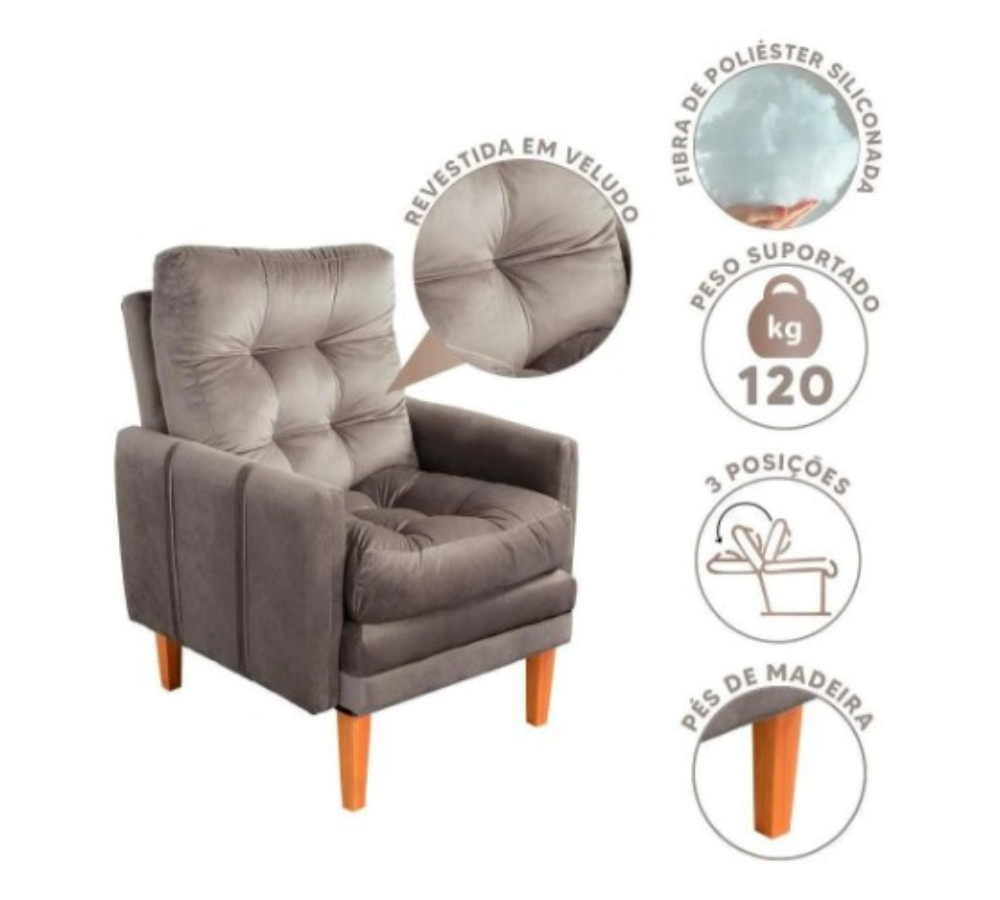 Cadeira Do Papai Reclinável Grande Confortavel Com Puff Veludo Bege - 2