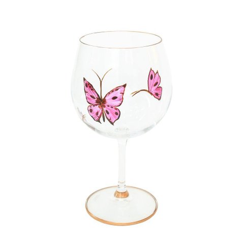 Taça para Gin Cristal Pintada À Mão Borboleta Rosa