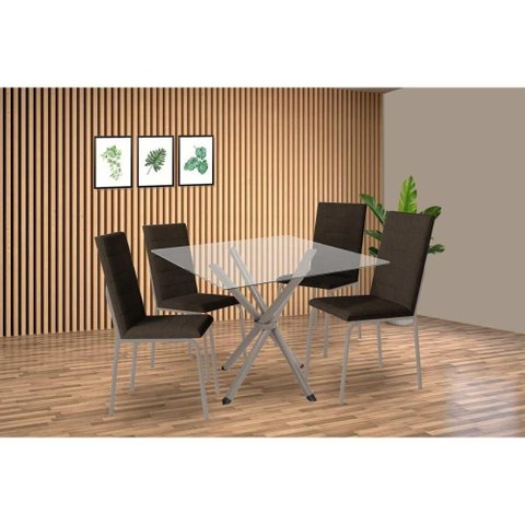 Conjunto: Mesa Sala Jantar Volga C/ Tampo de Vidro 90cm e 4 Cadeiras Amsterdã Niquel - Courano
